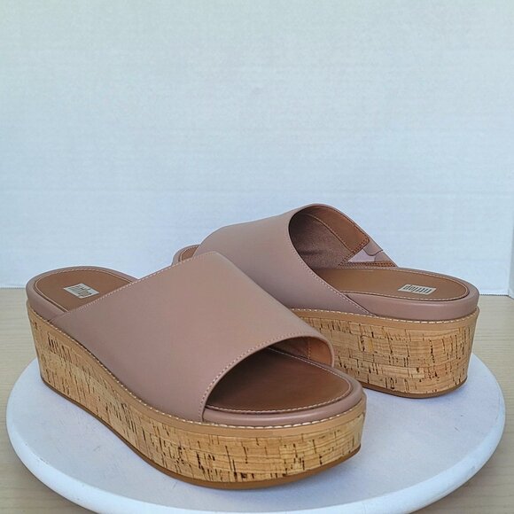 FitFlop Eloise Slides Sandals Women's Beige Leather Cork Wrap Wedge Slides Sz 11 - Picture 1 of 16